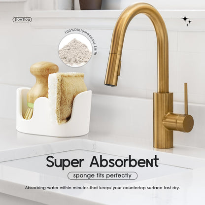 Slow Slog 2 Pack Double Sponge Holder, Diatomite Stone Absorbent Sponge Stand for Kitchen Sink - Quick Dry Organizer for Kitchen Countertop, White