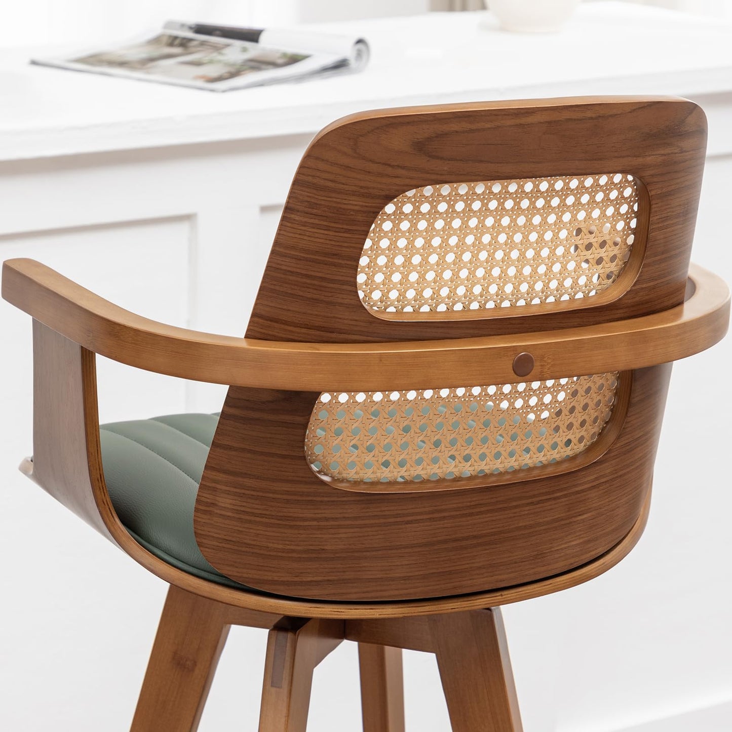 WUPOTO Bar Stools Set of 2, 29.7" Bar Height 360° Swivel Stools with Ergonomic Rattan Back, Faux Leather Seat, Bamboo Legs with Walnut Finish, Mid-Century Style (Green)