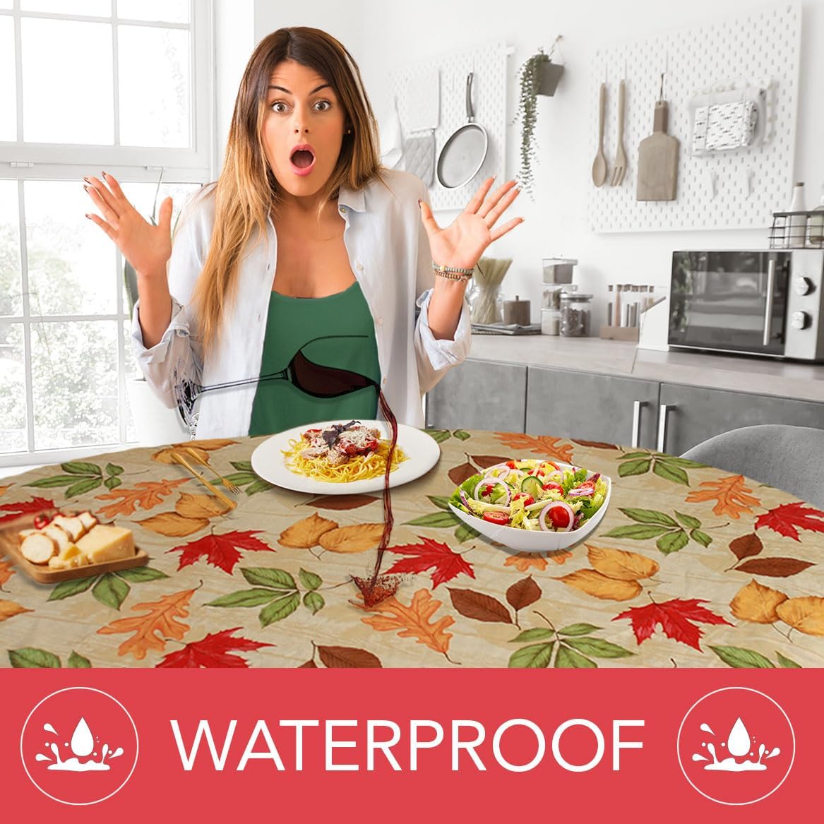 Deluxe Elastic Edged Flannel Backed Vinyl Fitted Table Cover - Large Round Oblong Oval - All-Over Leaves Pattern - Fits