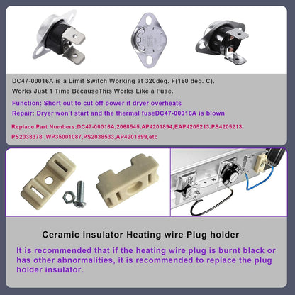 Dryer Heating Element (DC47-00019A) for Samsung, Thermal Fuse (DC96-00887A) and Thermostat (DC47-00018A) Dryer Repair