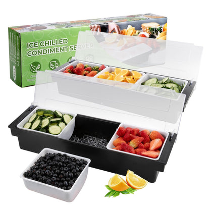 POWLAB Fruit, Veggie & Condiment Caddy with Lid Dispenser Tray Garnish Station for Bartending & Serving Taco (2, 3 Compartment)