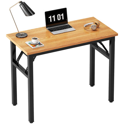Need 31.5 Inch Folding Desk for Small Spaces, Home Office Computer Desk with Teak Wood Top & Black Frame, Foldable Writing Table for Study, Bedroom, Dorm Room & Student