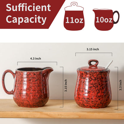 Hasense Ceramic Sugar and Creamer Set, 11 Ounce Sugar Bowl with Lid and Spoon, 10 Ounce Cream Pitcher, Red Coffee Serving Set for Gift, Dishwasher & Microwave Safe