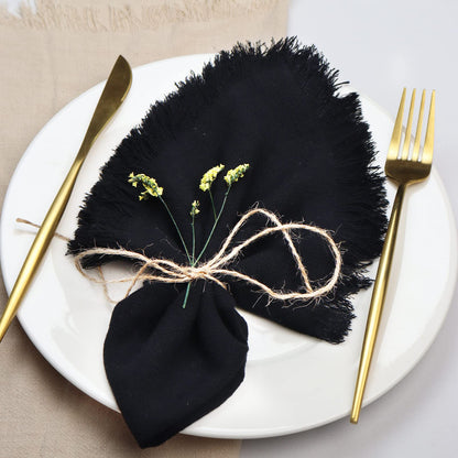 Dololoo Handmade Cloth Napkins with Fringe,18 x 18 Inches Cotton Linen Napkins Set of 6 Versatile Handmade Square Rustic Fringe Napkins for Dinner, Wedding and Parties, Black