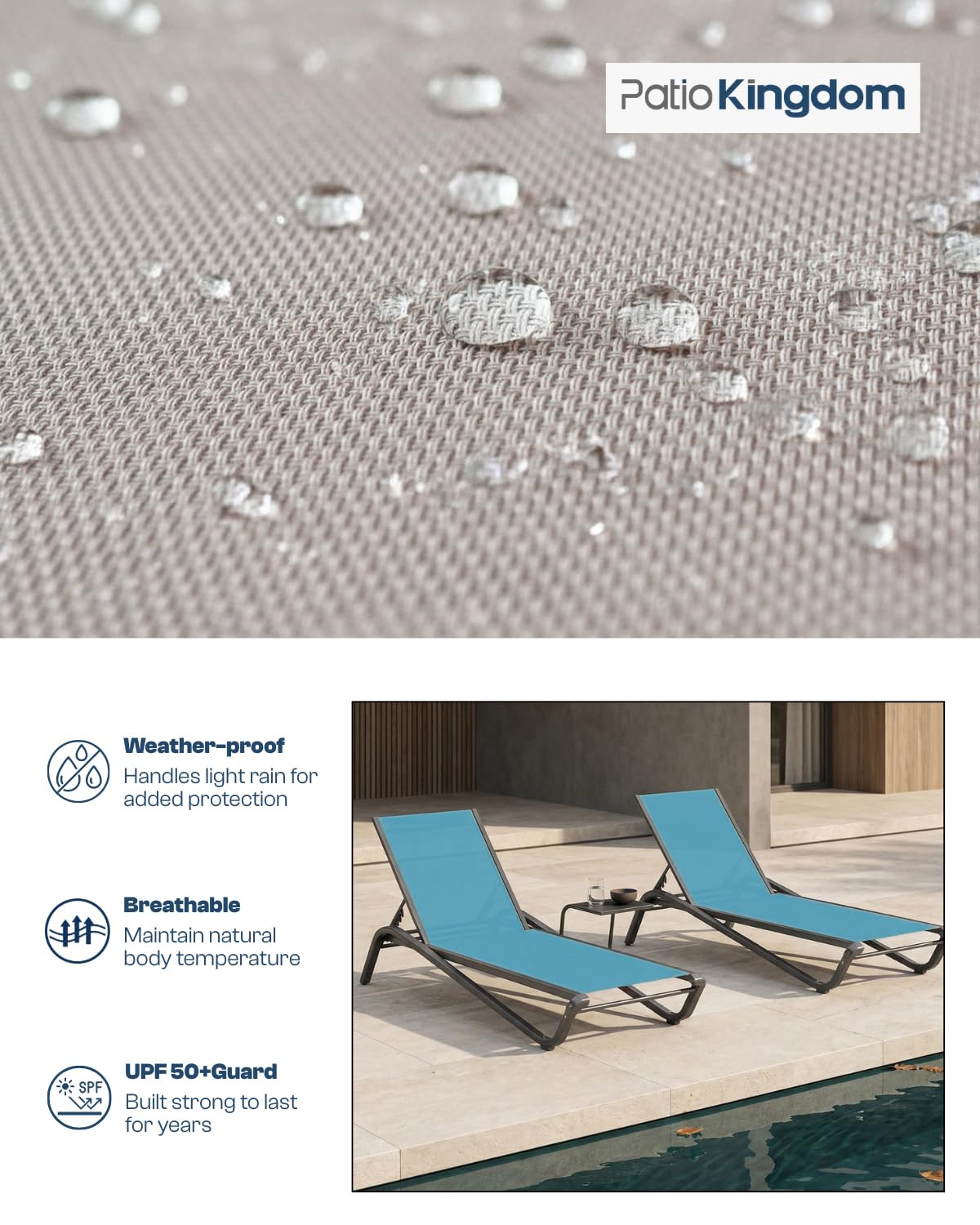 Patio Kingdom 3-Piece Patio Chaise Lounge Set with Side Table, Set of 2 Adjustable Pool Chairs and Aluminum Bistro Table, All-Weather Outdoor Furniture for Pool Deck, Patio & Tanning, Sky Blue