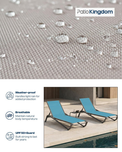 Patio Kingdom 3-Piece Patio Chaise Lounge Set with Side Table, Set of 2 Adjustable Pool Chairs and Aluminum Bistro Table, All-Weather Outdoor Furniture for Pool Deck, Patio & Tanning, Sky Blue