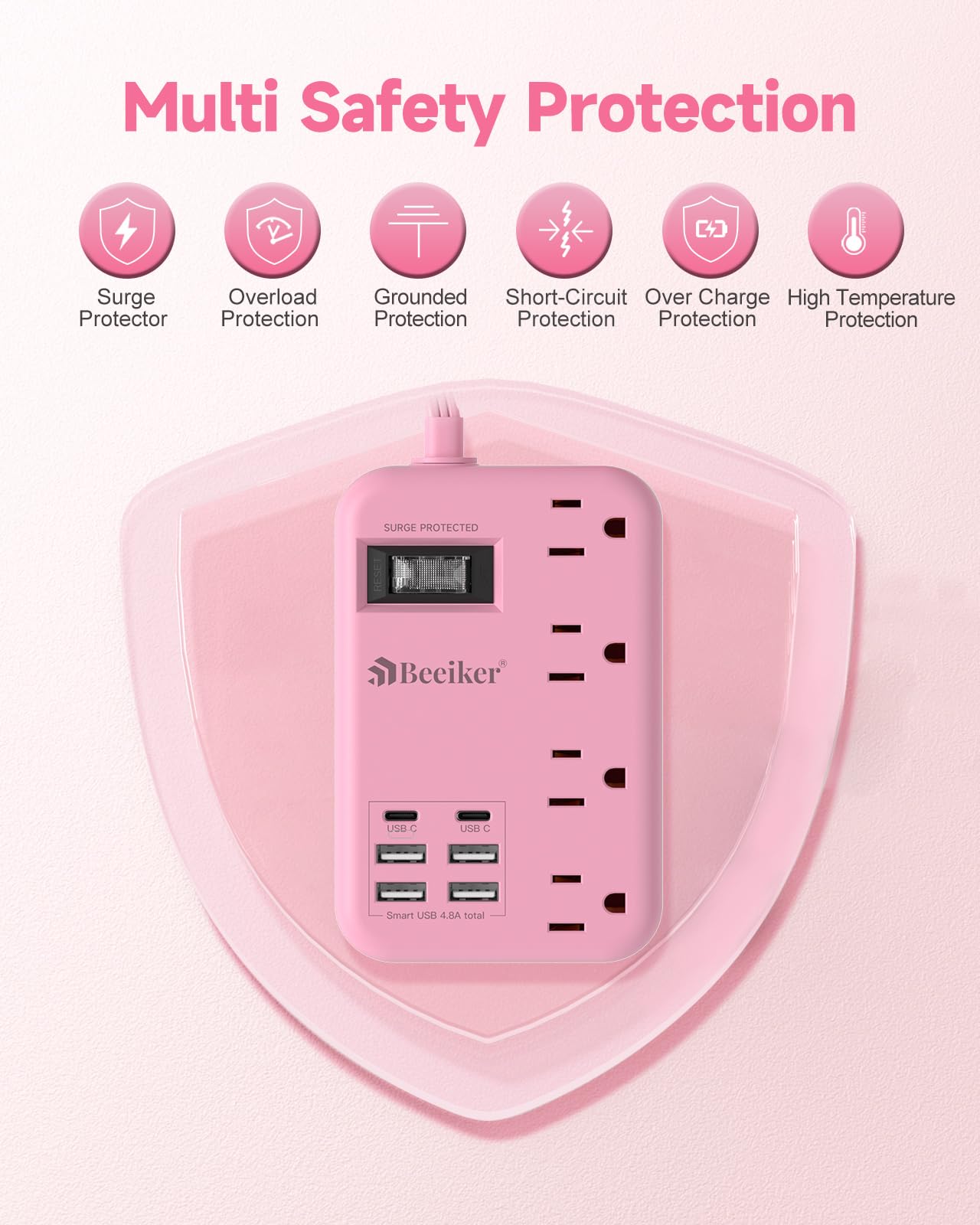 6 USB(2 USB C) Purple Travel Power Strip- 5Ft Lavender Extension Cord with 24W USB Charging Station and 4 Outlets, Purple Desk Accessories with Surge Protector for Cute Kawaii Office Dorm Room