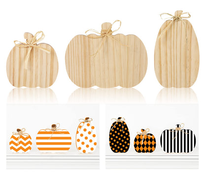 Whaline 3Pcs Unfinished Fall Pumpkin Wooden Cutout with Natural Raffia Pumpkin Shaped Tiered Tray Decor Pumpkin Wooden Table Sign for Autumn Thanksgiving Halloween Home Office Table Decor DIY Crafts