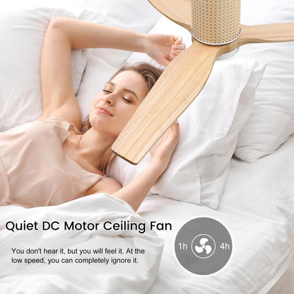 LEDLUX 52" Ceiling Fan with Light - Low Profile Flush Mount Ceiling Fan, 6-Speed Remote Control, Solid Wood, Quiet Reversible DC Motor, Wood/White Finish, for Bedroom, Living Room, Porch