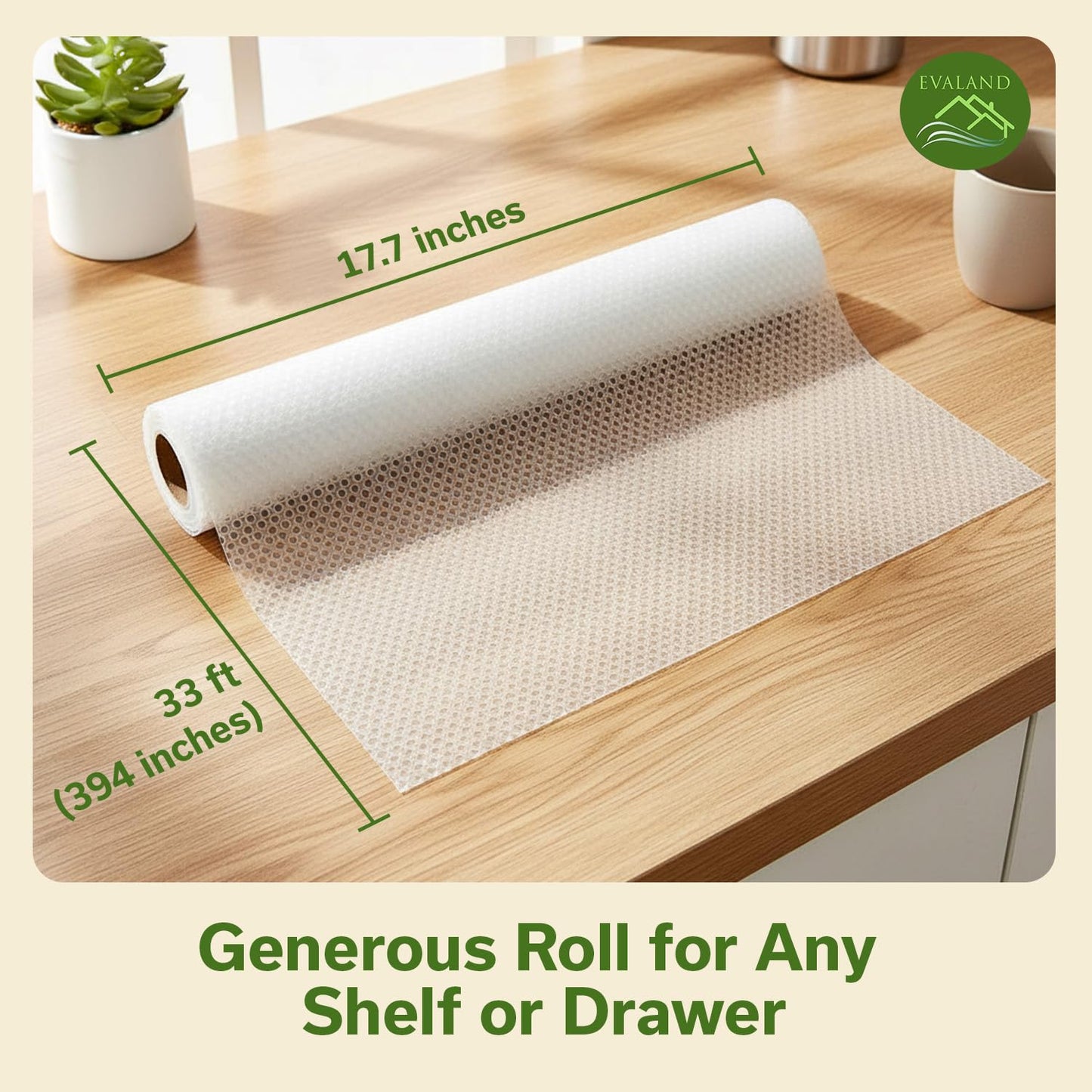 EVALAND Shelf Liners for Kitchen Cabinets Non-Adhesive 17.7" x 33 FT Clear Drawer Liner Non Slip, Washable Cabinet Liner, Waterproof Shelf Liners for Cabinets, Refrigerator Bathroom Pantry - Thickened