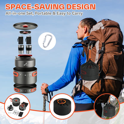 Sportneer Camping Cookware Set, 18Pcs Non-Stick Lightweight Pots, Pan, Kettle with Stainless Steel Cups, Plates, Forks, Knives & Spoons for Camping, Backpacking, Hiking, Outdoor Cooking & Picnic