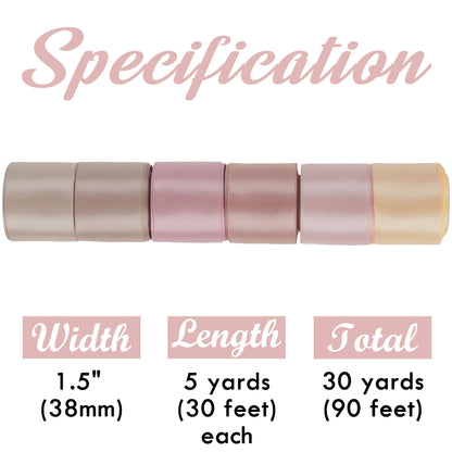 HUIHUANG Rose Pink Ribbon 1-1/2" Dusty Rose/Rose Gold/Rose Pink/Rosy Mauve/Vanilla/Peach Satin Ribbons for Wedding Flower Bouquet Bows Bridal Gift Wrap and Crafts- 6 Rolls, Total 30 Yards