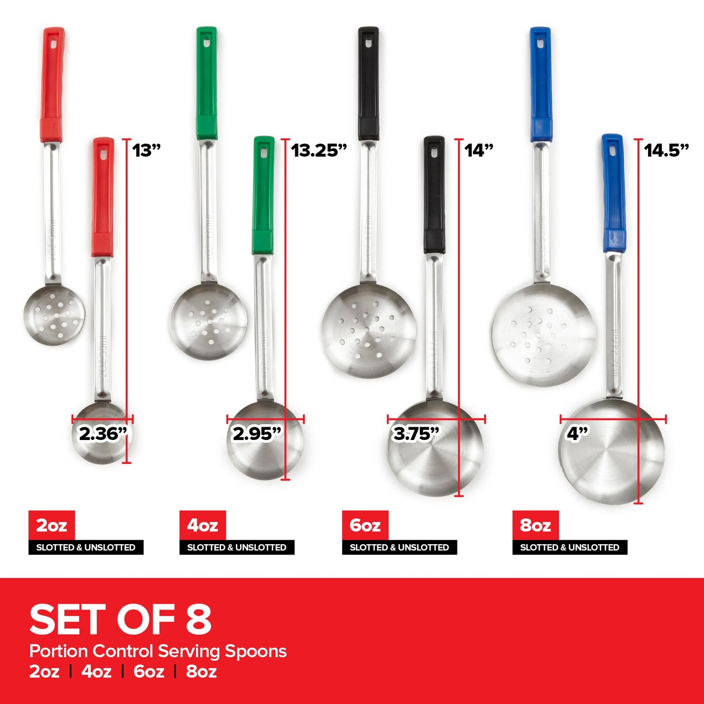 Portion Control Serving Spoons (Set of 8), Slotted & Unslotted Portion Scoops for Food, Heavy Duty Stainless Steel Utensils for Portion Control, 2, 4, 6, and 8oz Scoops for Portion Perfection