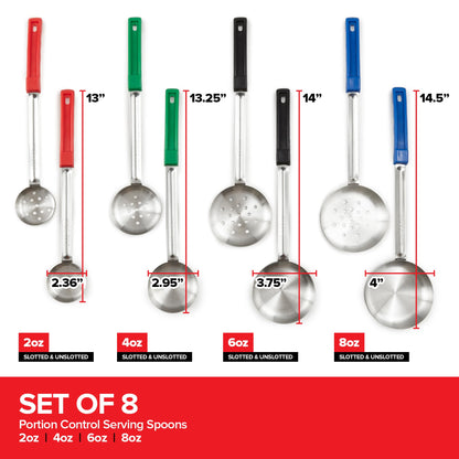 Portion Control Serving Spoons (Set of 8), Slotted & Unslotted Portion Scoops for Food, Heavy Duty Stainless Steel Utensils for Portion Control, 2, 4, 6, and 8oz Scoops for Portion Perfection