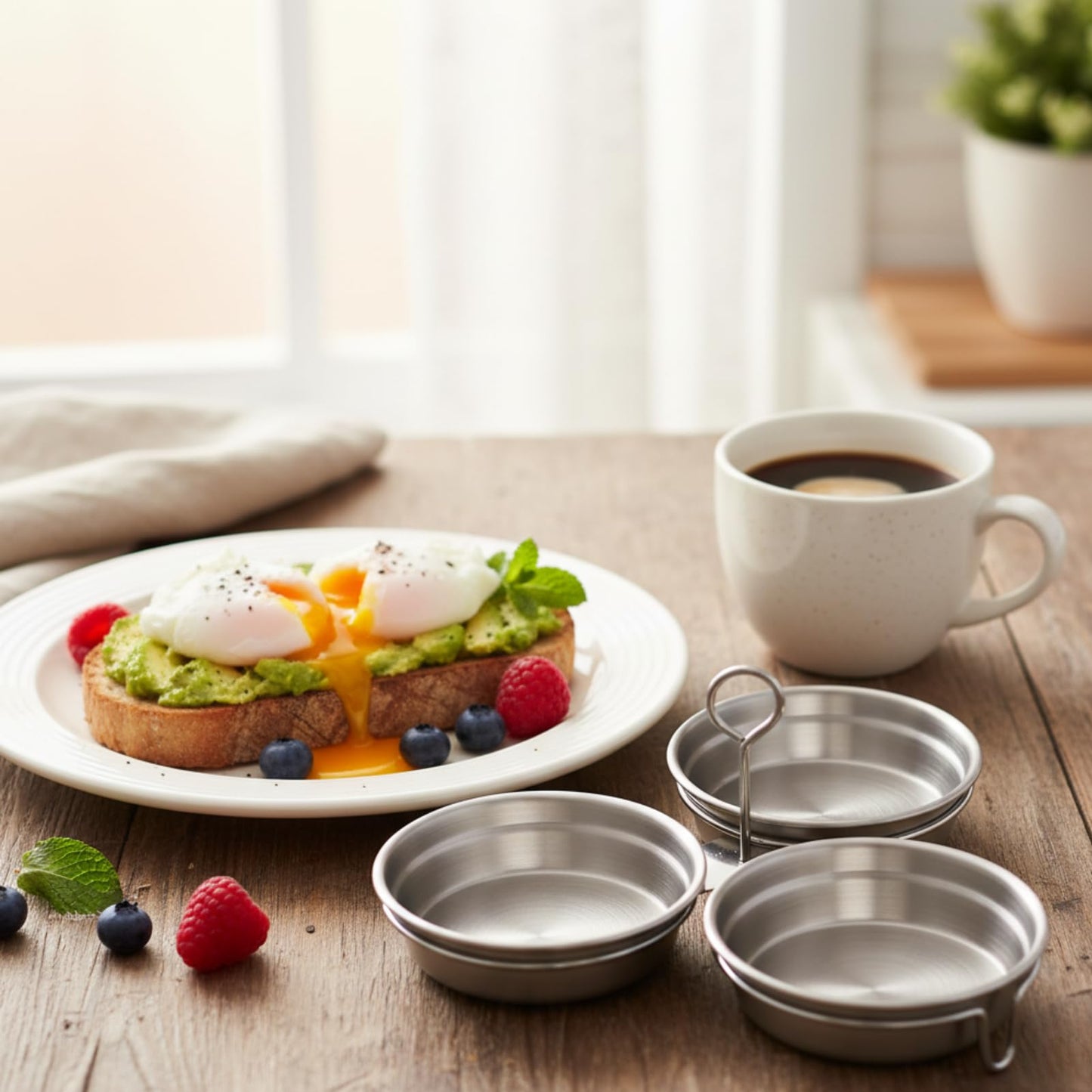 GOVNPJ Egg Poacher, 304 Stainless Steel Poached Egg Cups with Oil Brush, without Coating Egg Boiler Cup for Stovetop (Round)