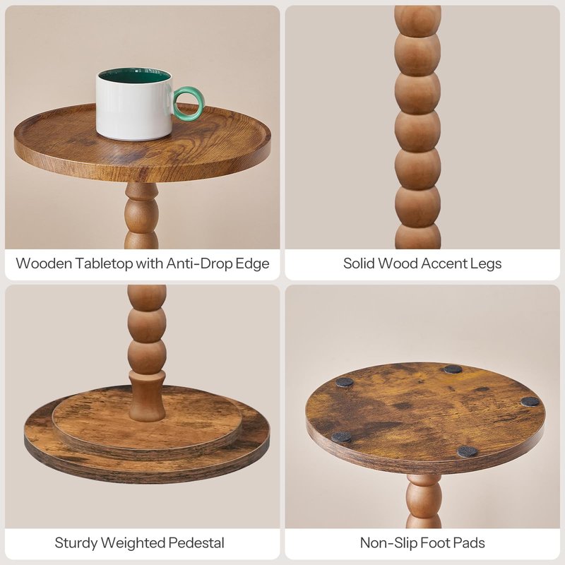 HOOBRO Round Side Table, Small Drink Table for Small Space, End Table with Rubberwood Accent Leg, Stable Pedestal, Easy Assembly, for Living Room, Corner, Bedroom, Rustic Brown FG187BZ01
