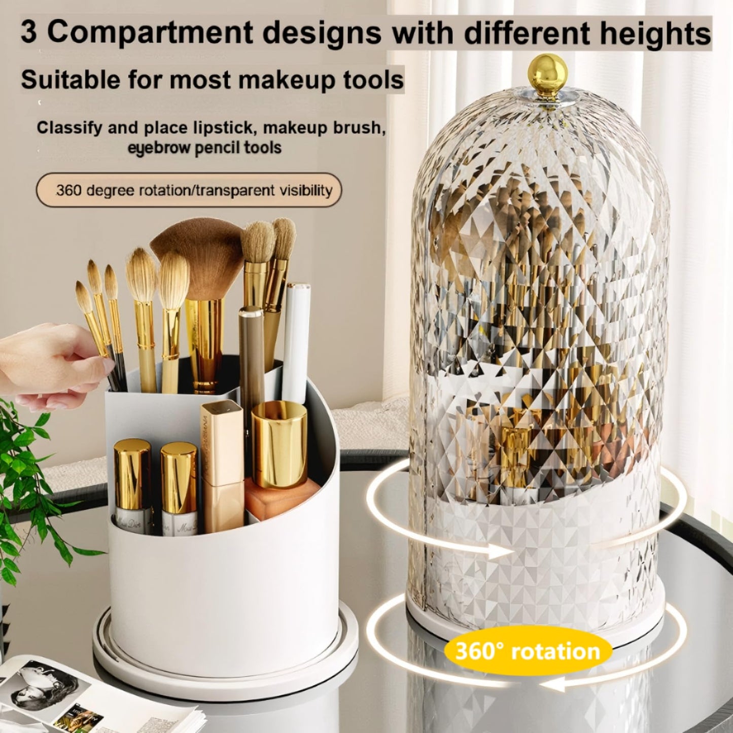 RONGZHIERK Makeup Brush Holder with Lid,Makeup Brush Storage Box with Diamond Pattern,360 Rotating Waterproof and Dustproof Beauty Brushes Storage for Vanity Bathroom,White