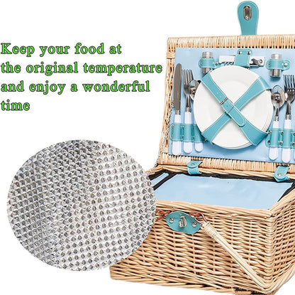 Storage Basket,Wicker Picnic for 4 Persons with Insulation Layer, Outdoor Hand Woven Fruit with Utensils Cutlery, Willow Hamper Service Gift