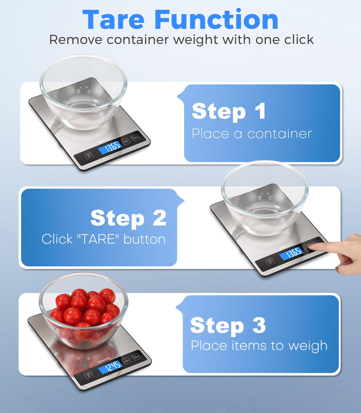 BakFee Food Scale - 15kg/33lb Rechargeable Digital Kitchen Scale with Full-View LCD Display, Grams and Ounces, Type-C or Batteries, Easy Clean Stainless Steel, for Baking, Cooking & Meal Prep, Black