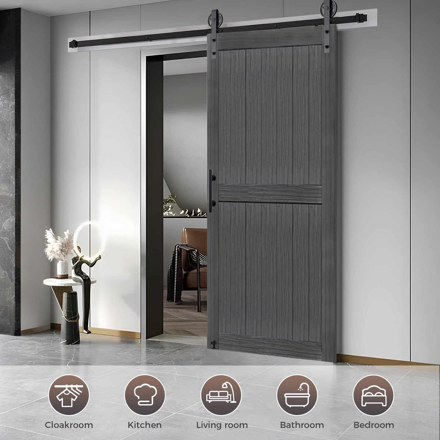 S&Z TOPHAND® 50in x 84in MDF Deep Gray Barn Door with 10FT Sliding Door Hardware Kit, 24-60in Solid Barn Door Slab Covered with Water-Proof PVC Surface, Simple Assembly is Required(Big Wheel)