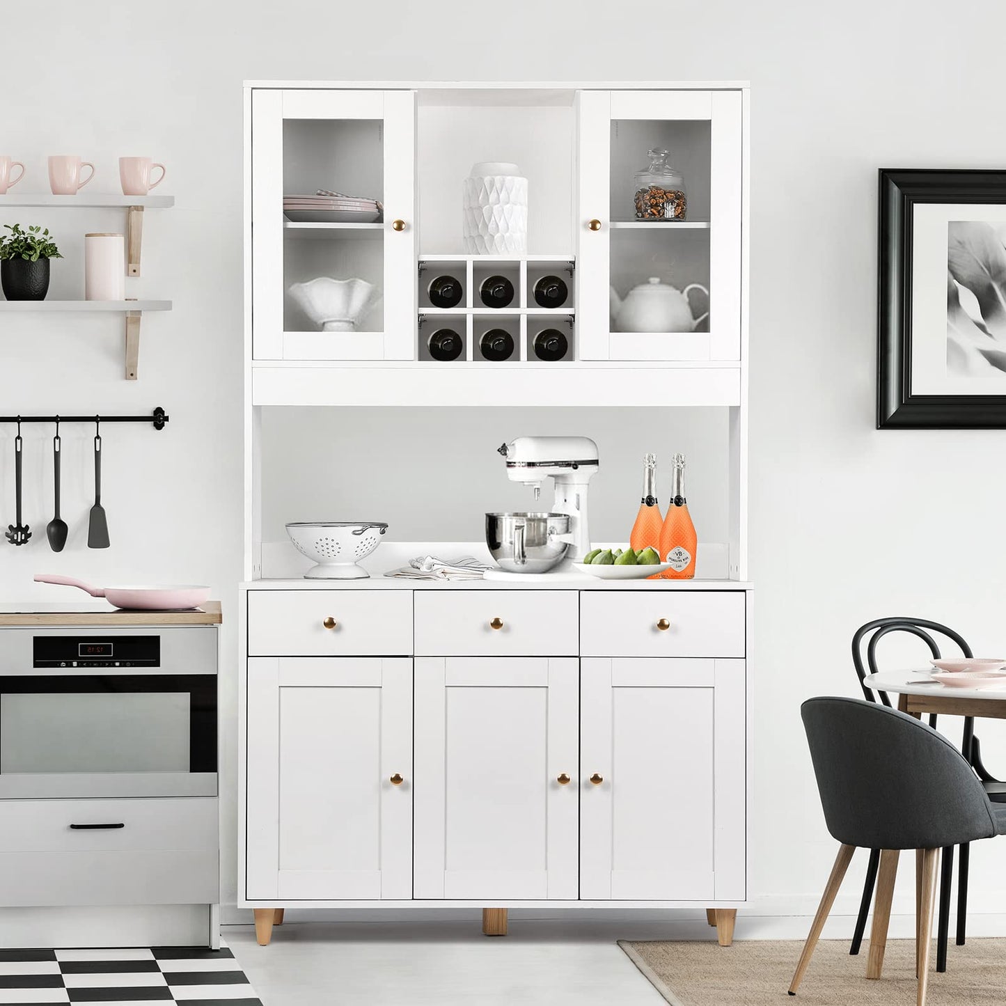 VOWNER 71" Traditional Freestanding Kitchen Pantry Storage Cabinet, with 3 Drawers and 5 Cabinets, White