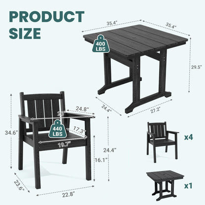 Pamapic 5 PCS Outdoor Dining Set, Spacious HDPE Outdoor Table and Chairs, Wood Grain Patio Furniture Sets with Elegant Armrest, All-Weather Patio Dining Table with Umbrella Hole, Black