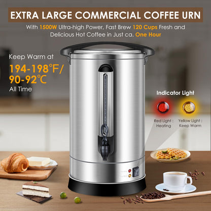HOMOKUS Commercial Coffee Urn, 120 Cup Extra Large Hot Water Urn, 18L Silver Double Wall Stainless Steel Large Coffee Urns, 1500W Quick Brew Commercial Coffee Percolator Electric for Gatherings