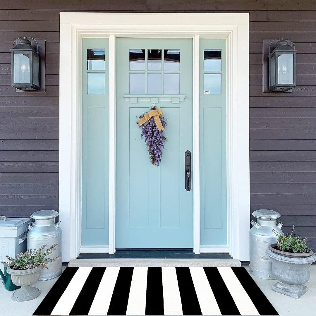 LEEVAN Black and White Striped Door Mat, 2'x4', Washable Reversible Cotton Woven Rug for Indoor/Outdoor