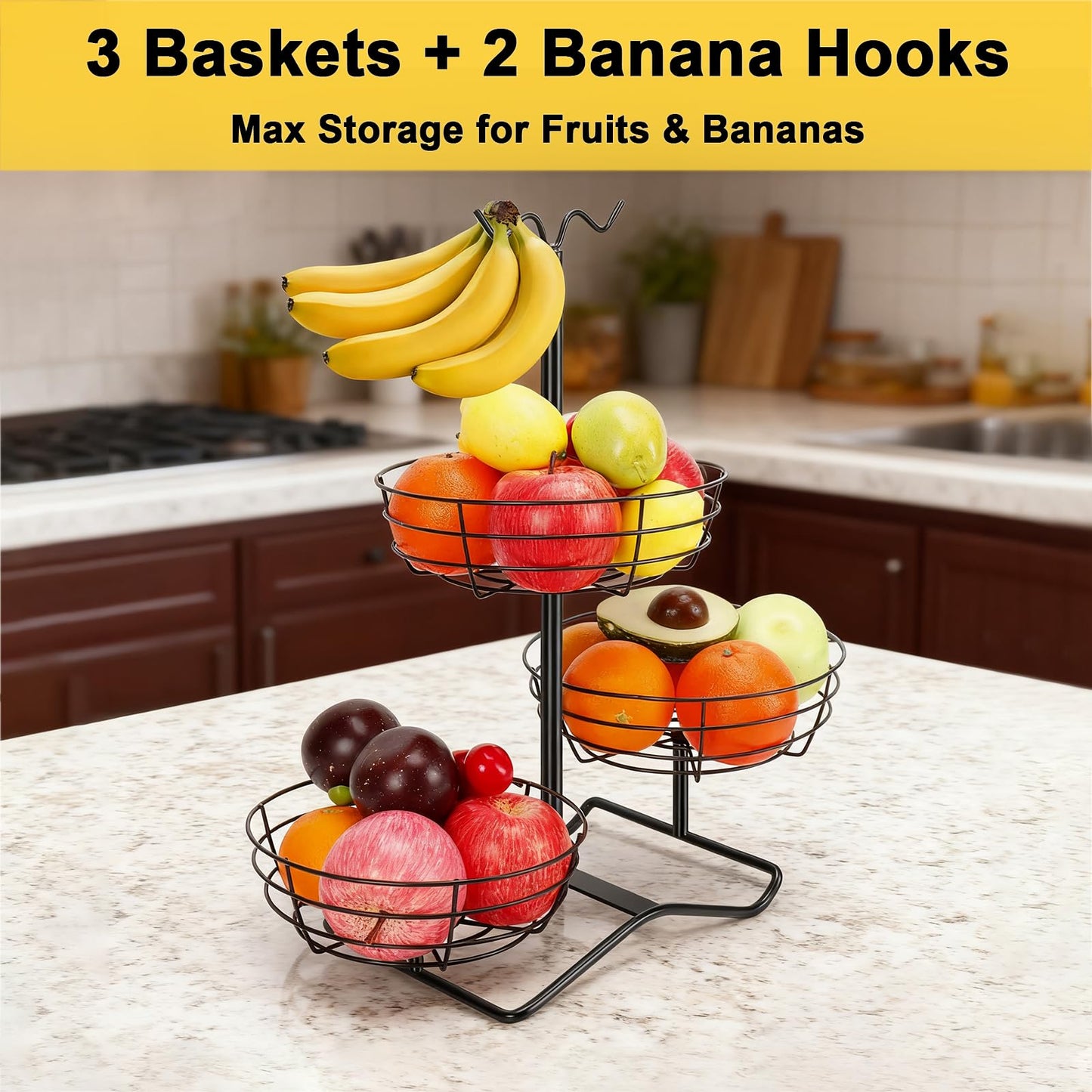 Winmien 3 Tier Fruit Basket Bowl with 2 Banana Hooks, Solid Metal Standing Vegetable Storage for Kitchen Counter, Large Capacity Organizer for Bread Snack Produce (Black)