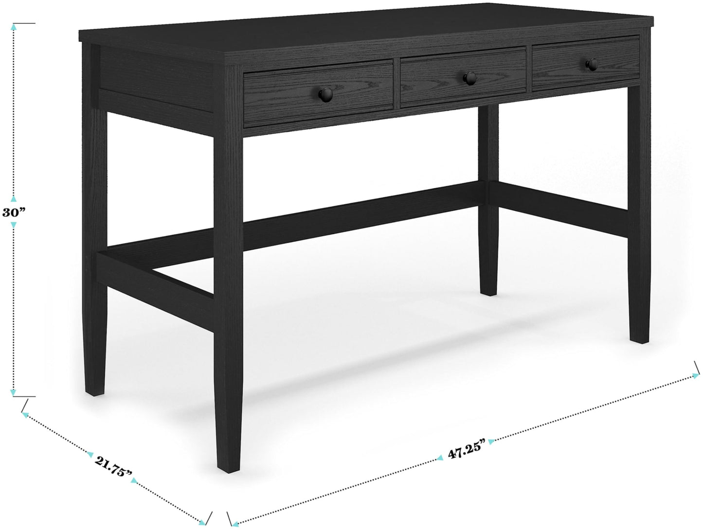Martha Stewart Rhett Home Office Desk with 3 Drawers and Tapered Legs in Black with Oil Rubbed Bronze Hardware