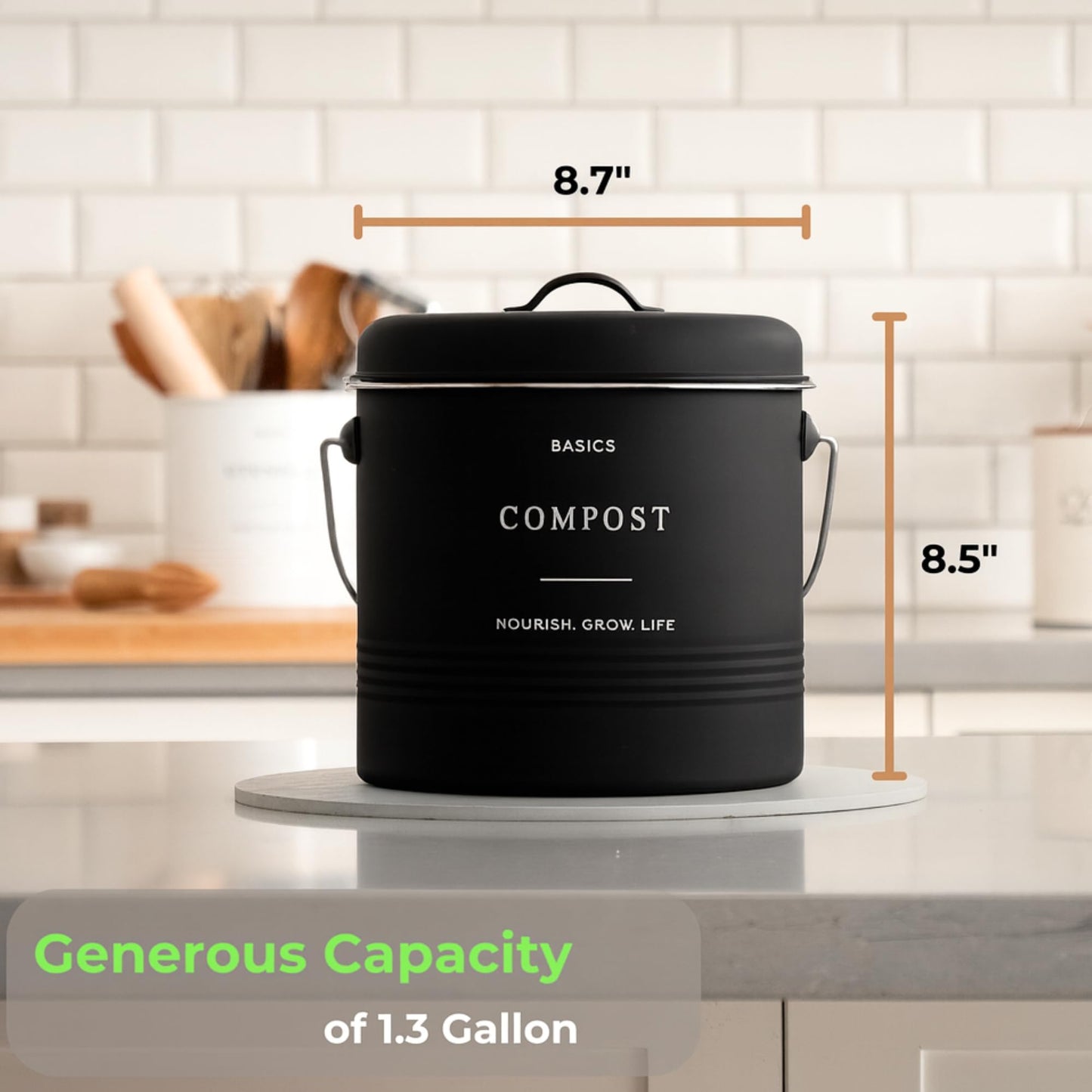 D'Lifeful Kitchen Compost Bin – 1.3 Gallon Countertop Farmhouse Compost Container with Lid – Odorless Indoor Food Scrap Pail with 6 Charcoal Filters – Eco-Conscious and Easy to Clean (Black)