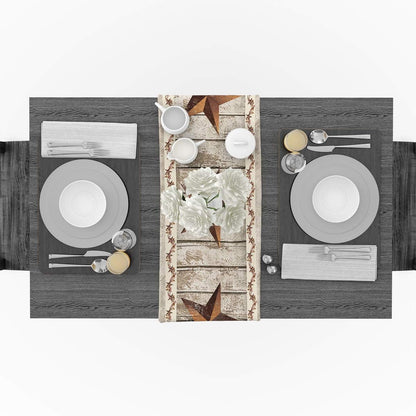 Burlap Table Runner, 70 Inches Long, Western Texas Star Rustic Wood Pattern for Wedding Party Decor