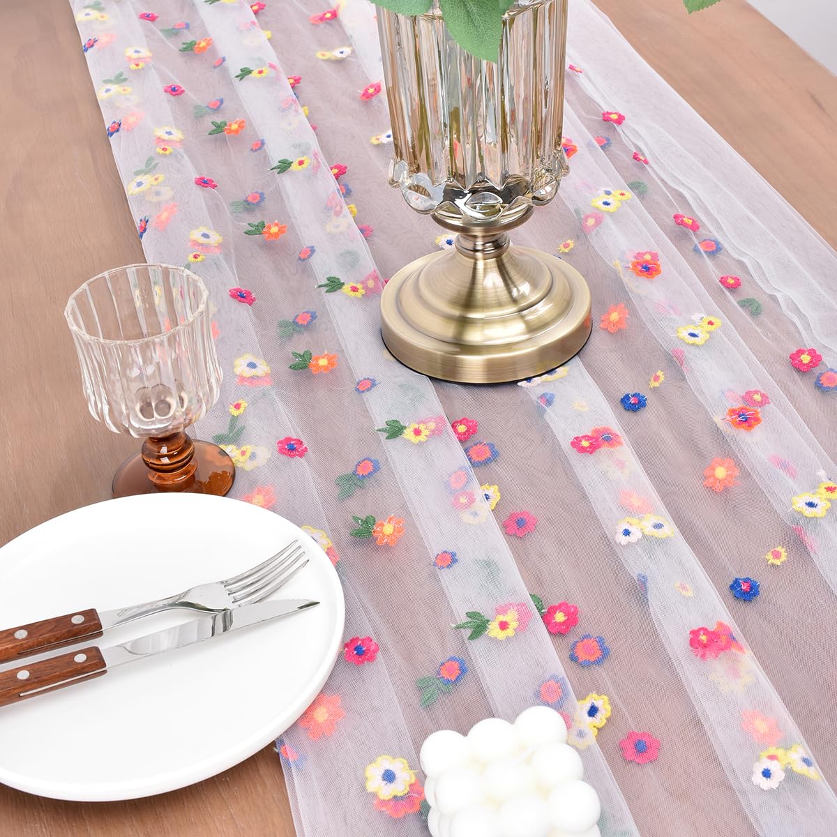 Joanlody 6pcs Ivory Summer Flower Table Runner 10ft Embroidery Daisy Floral Seasonal Tulle Table Runner for Home Garden Tea Party Holiday Birthday Decoration