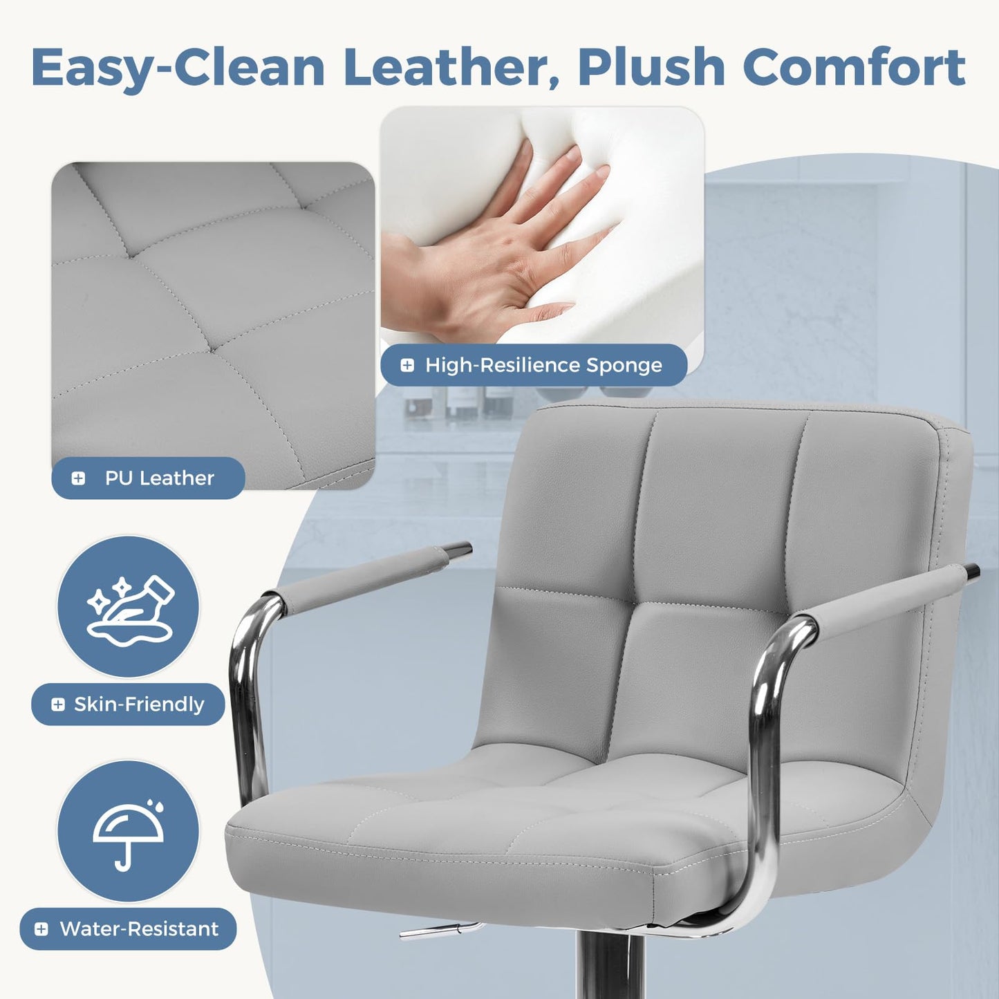 OLIXIS Swivel Bar Stools Set of 4, PU Leather Upholstered Bar Chairs with Back & Armrests, Adjustable Counter Height Stools with Metal Legs for Kitchen Island, Home Bar, Pub, Light Grey
