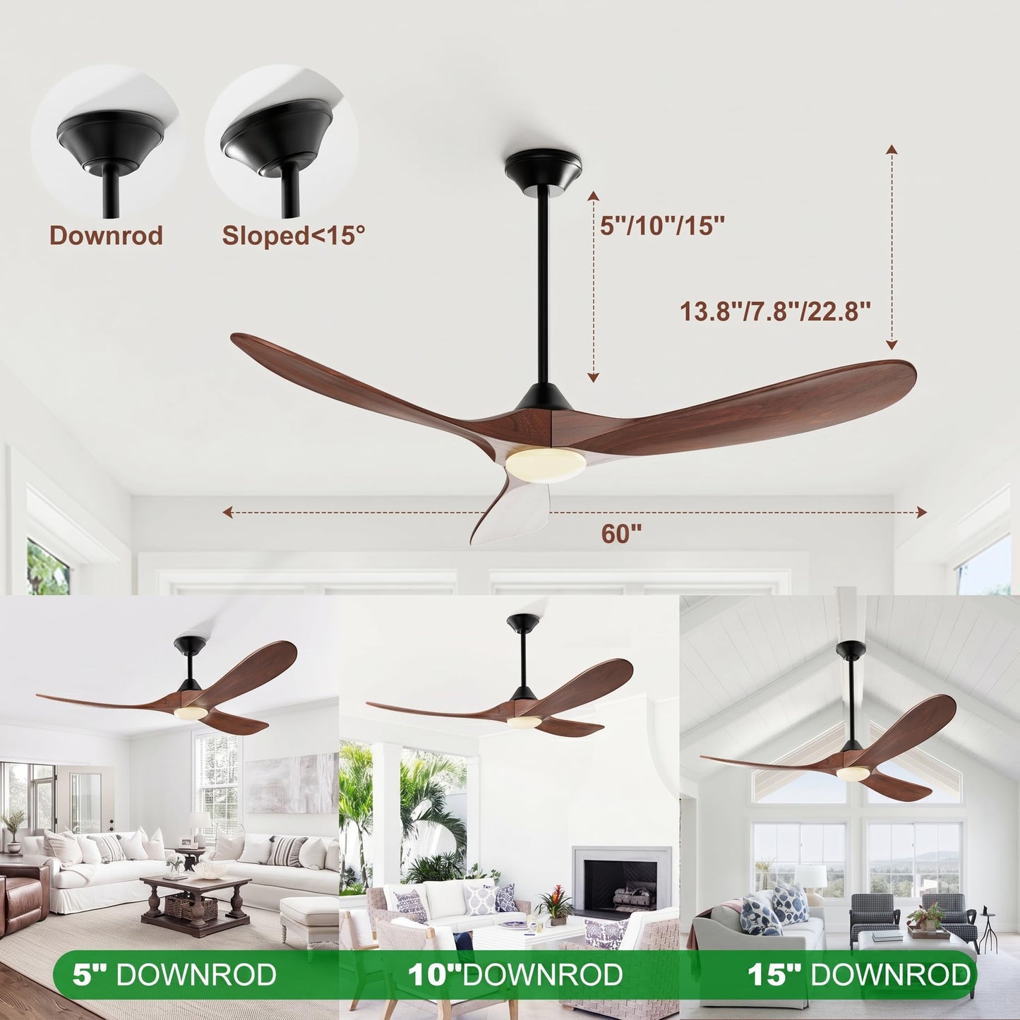 Wall Switch-60 inch Outdoor Ceiling Fan with Light Remote for Patios, Wet Rated Wood 3-Blade Propeller Ceiling Fans, Smart APP, High CFM 6-Speed DC Motor for Exterior Indoor, 3 LED Glass Lamp, Walnut