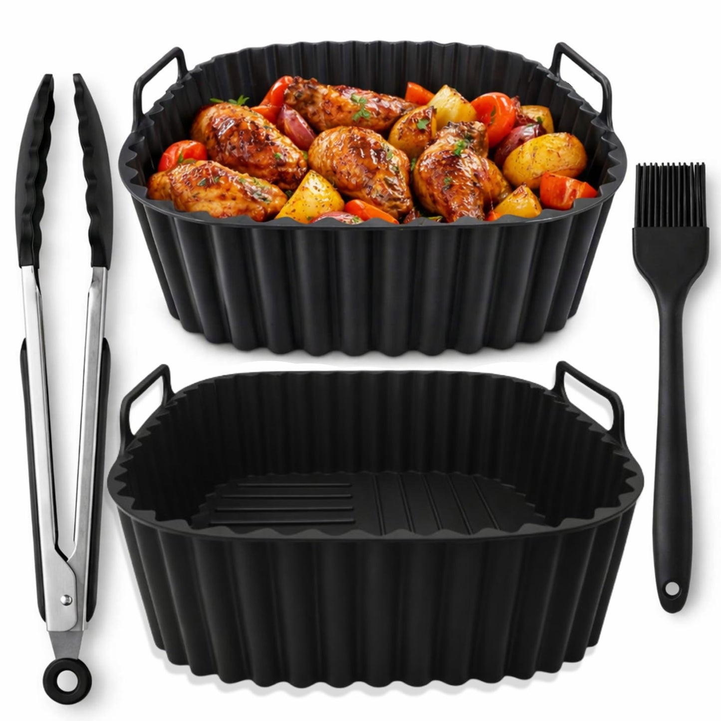 Air Fryer Silicone Liners 2 Pack for 4–7QT Square Basket – Reusable Nonstick Food-Grade Silicone Air Fryer Basket Liners – Dishwasher Safe, Includes Tongs & Basting Brush