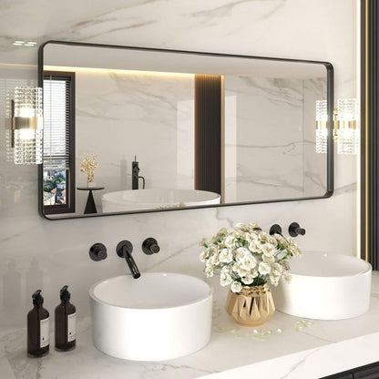 LOAAO Black Metal Framed Bathroom Mirror - 60x28 Inch Rounded Rectangle, Anti-Rust, Versatile Hanging Options