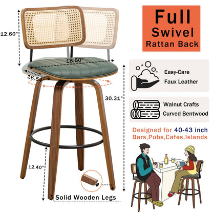 Set of 2 Swivel Bar Height Stools, 30.3 Inch Rattan Cane Back, Faux Leather Upholstered Seat, Solid Wood Frame with Walnut Finish, Metal Footrest, Mid Century Kitchen Island & Home Bar Stools, Green