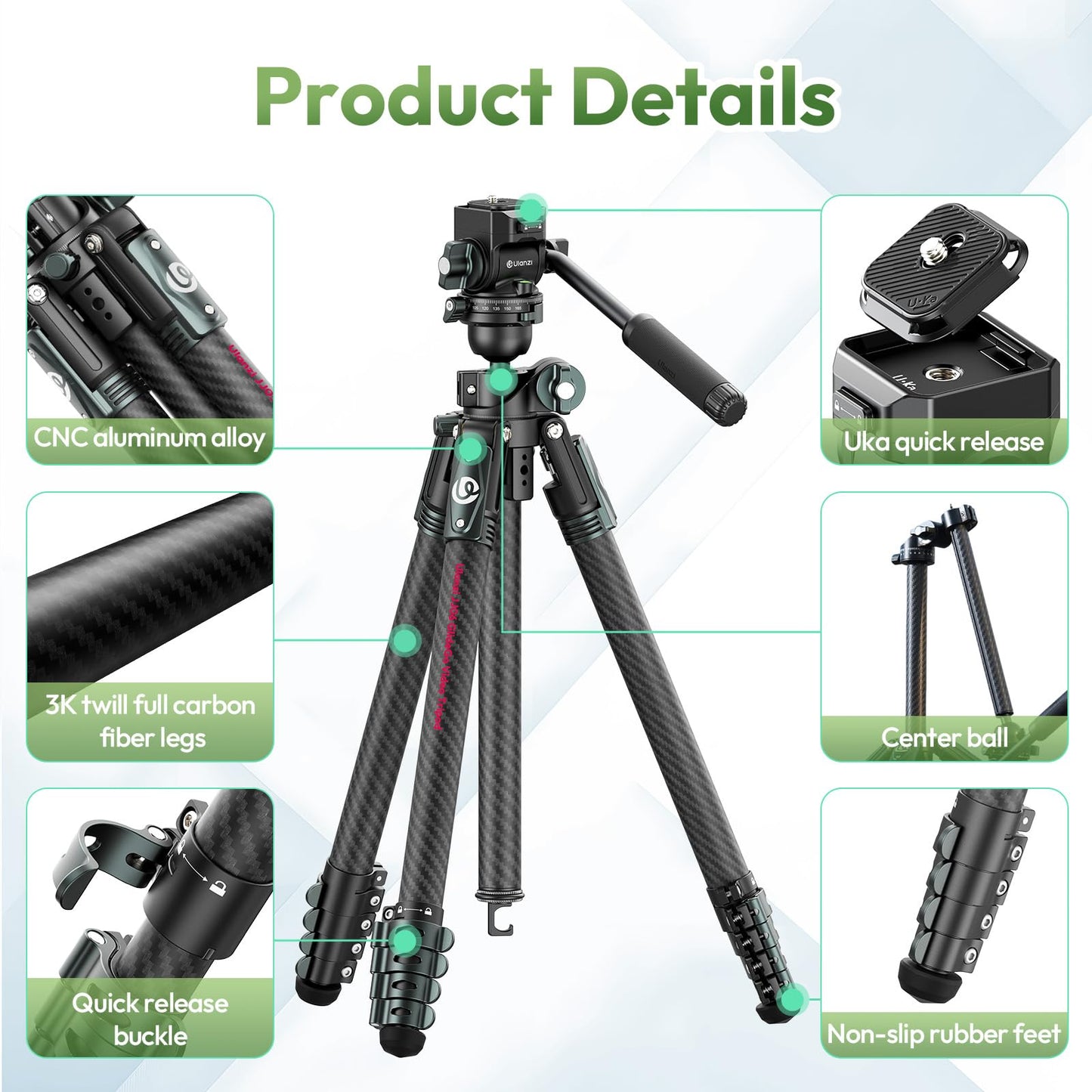ULANZI JJ06 GlideGo Carbon Fiber Video Tripod, Dual 360° Pan Head, 73.6 inch Max Height, 11 lb Load, UKA Quick Release, Professional Portable Lightweight Travel Tripod with Bag