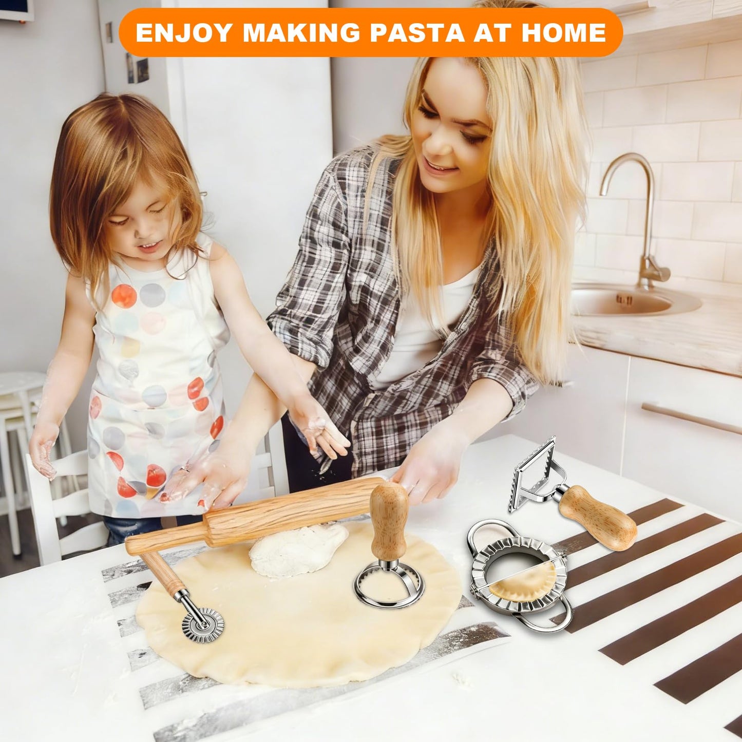 11 Pieces Ravioli Mold Set, Easy-to-Use Ravioli Maker Press with Ravioli Cutter Wheel, Pasta Cutter & Ravioli Making Kit, Wooden Pasta RollerPasta Making Tools for home，pasta lover