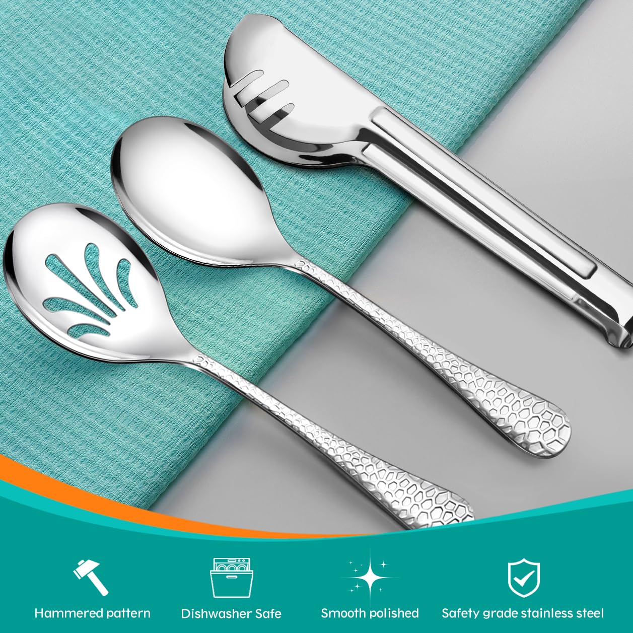 Teivio Hammered Stainless Steel Metal Serving Utensils Set of 12, 10" Serving Spoons, 10" Slotted Spoons, 9" Serving Tongs, Large Hostess Serving Set for Parties Chafing Dish Buffet Catering (Silver)