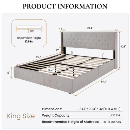 SHA CERLIN King Size Lift Up Storage Bed Frame,Button Tufted Wingback Headboard,Upholstered Platform,Hydraulic Storage,Wooden Slat Support,No Box Spring,Light Beige