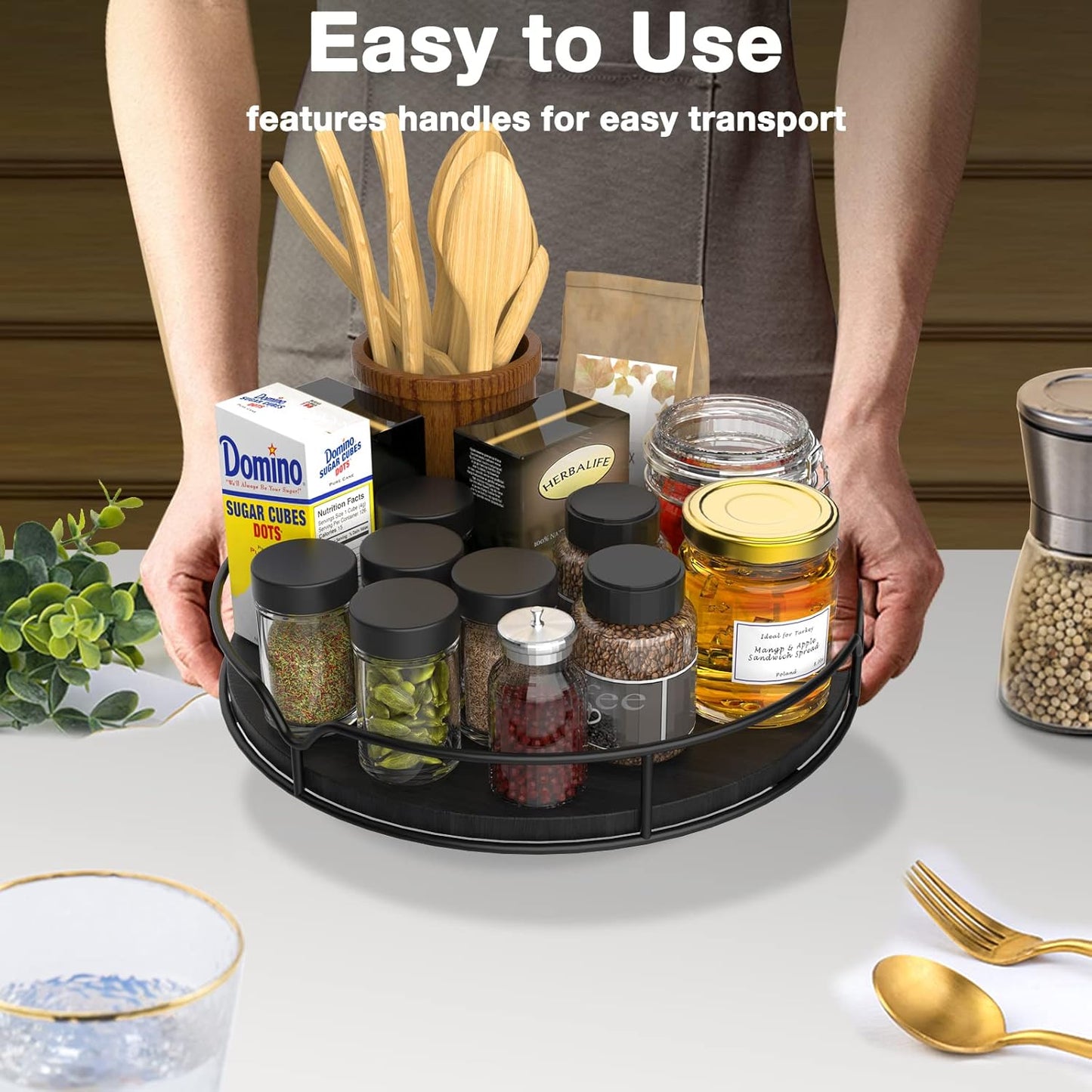 Lazy Susan Turntable Organizer for Cabinet Pantry - Kitchen Countertop Refrigerator Cupboard, Pine Wood, 9", Black