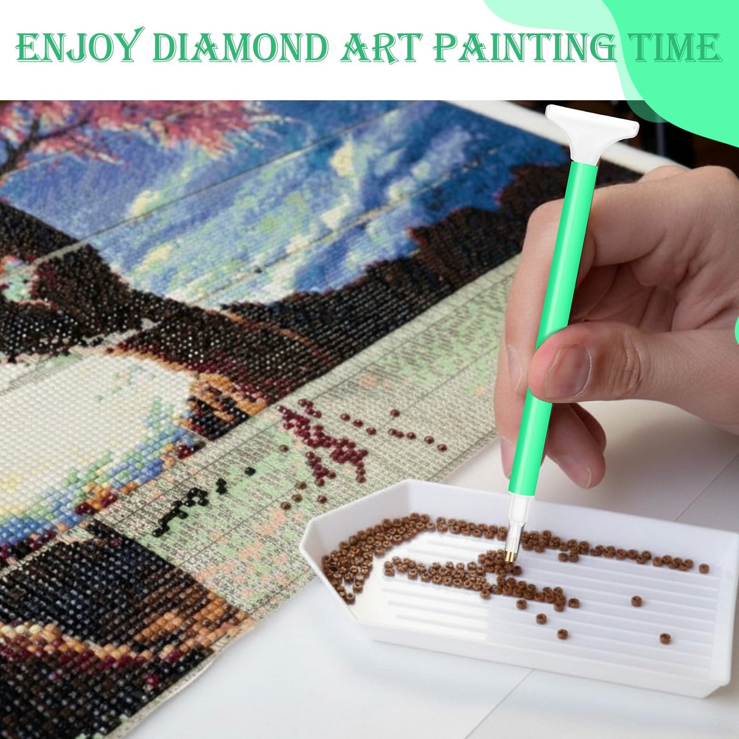 Affrolling 180 Pcs 5d Diamond Art Painting Tools and Accessories Kits Include Drill Pens with 3 Drill Sizes, Plastic Diamond Trays, Glue Clay, Rhinestone Art Painting DIY Accessories (Green)