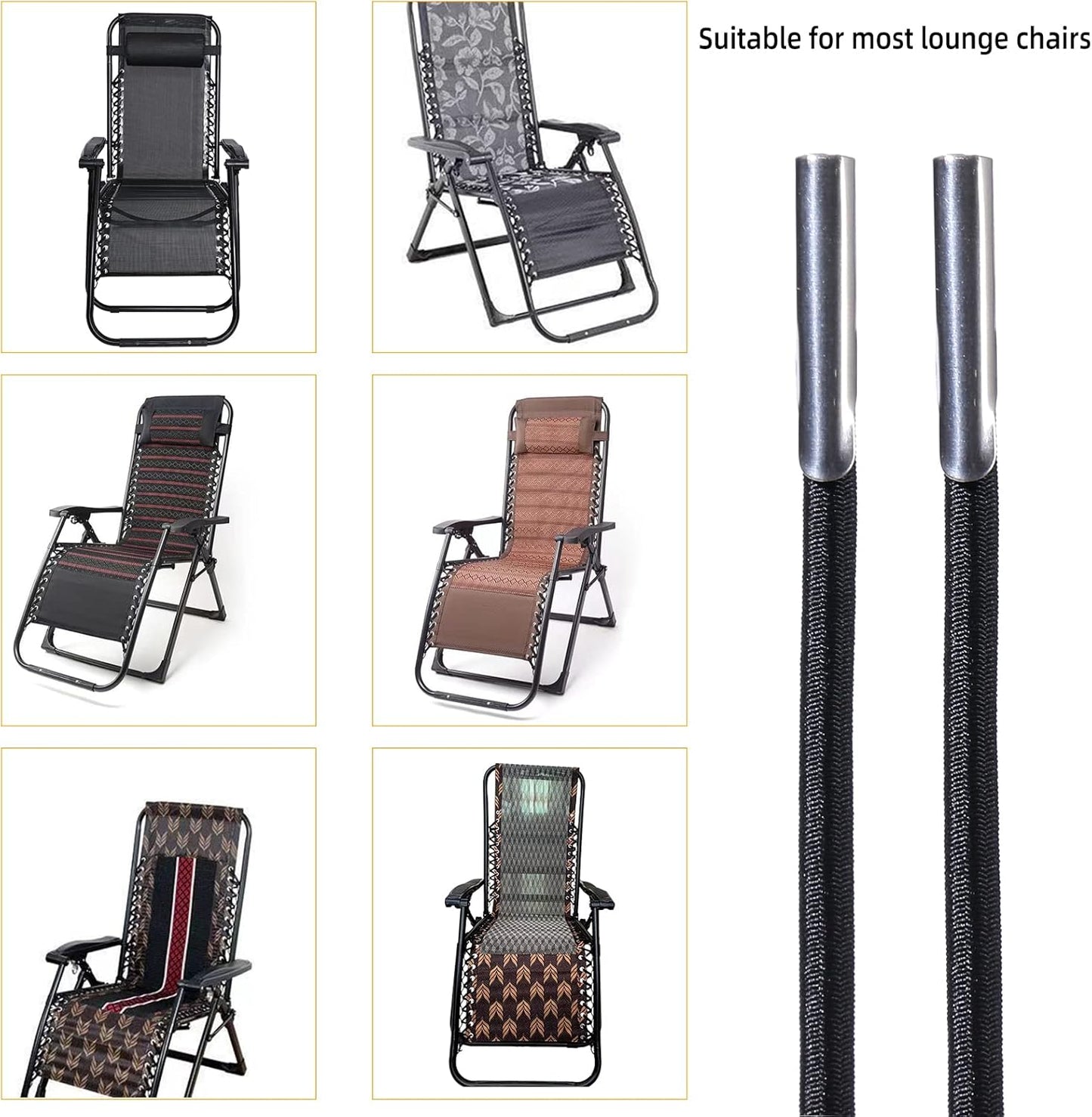 4 Pack SUQ I OME Replacement Cord for Zero Gravity Chair, Universal Replacement Elastic Cords Repair Tool Kit for Sun