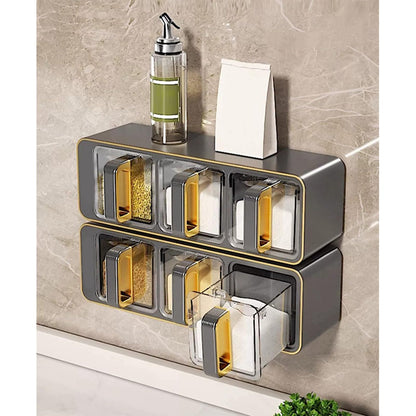 Seasoning Organizer Box, Acrylic Spice Storage Box, 3 Compartments Transparent Spice Rack Spice Jar Spice Container With Lid And Spoon Storage Container Black