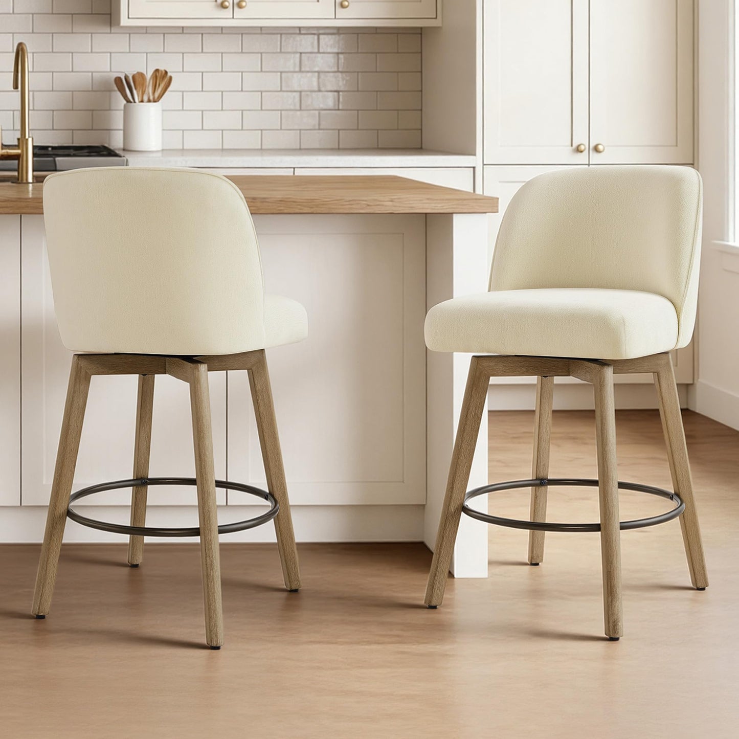 CHITA Modern Swivel Counter Height Bar Stools Set of 2, 26" Upholstered Counter Stools, Solid Wood Legs, Comfortable Cushioned Seat, Cream Fabric