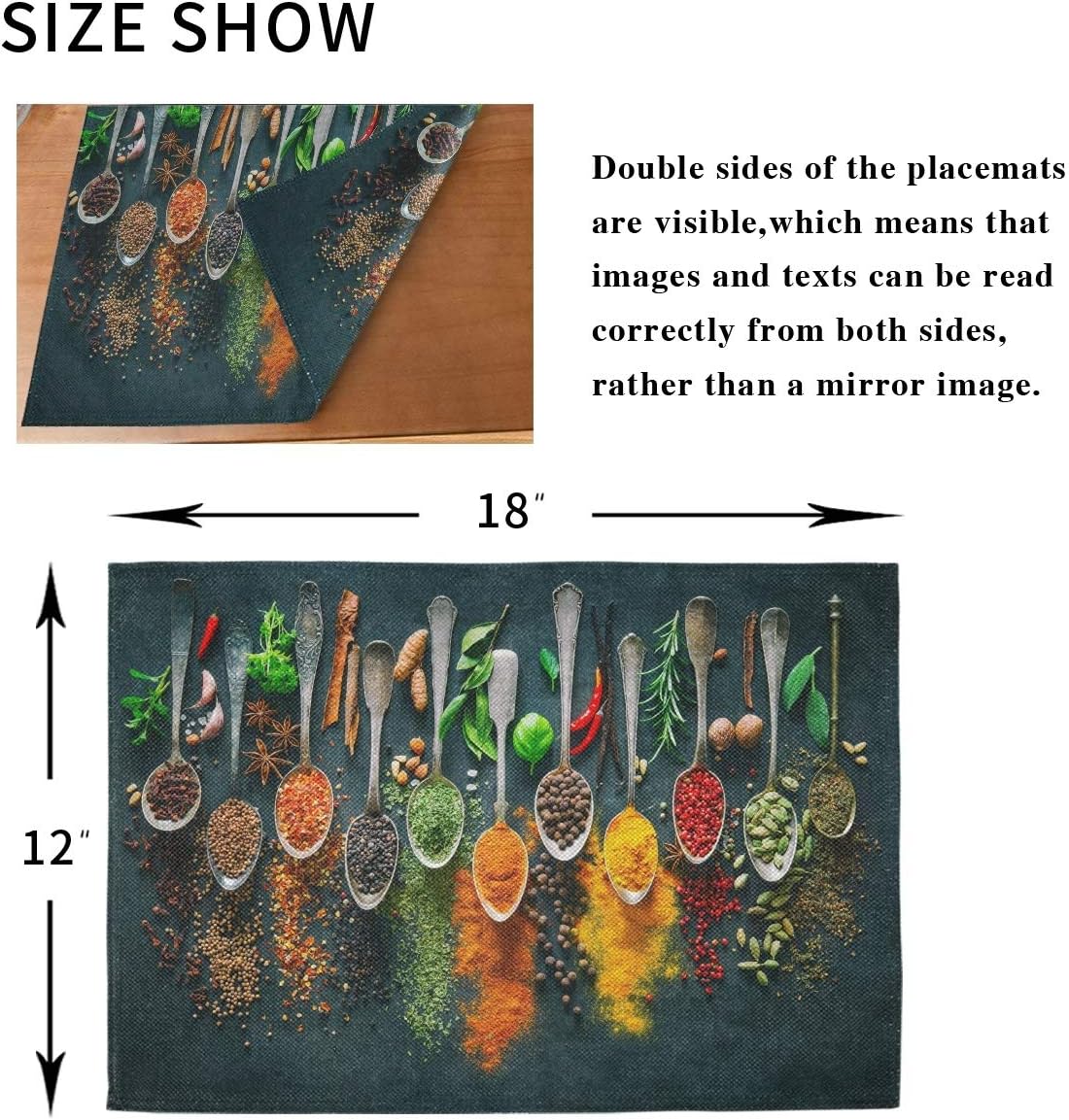 Cooking Herbs Spices Placemats Set of 4, Washable Non-Slip Heat Resistant Place Mats for Kitchen