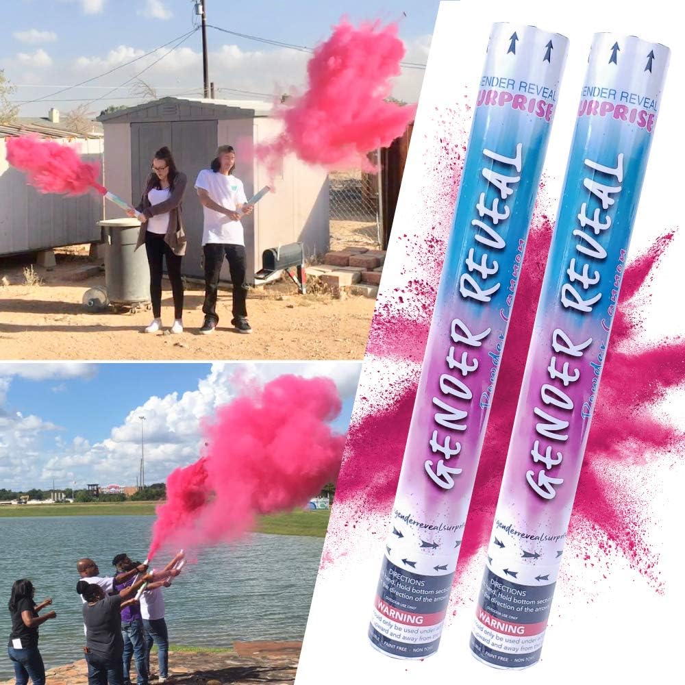 16 Inch 2 Pack Gender Reveal Surprise - Pink Gender Reveal Powder Cannon Bundle - Easy to Use Pink Powder Cannon
