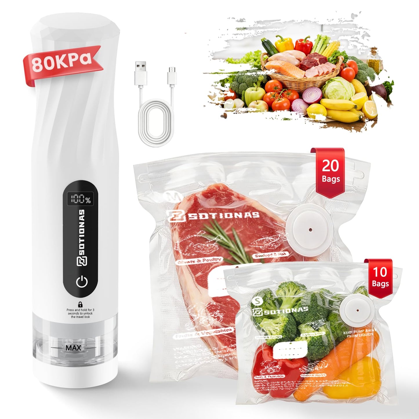 Compact Vacuum Sealer for Food (Vacuum Sealer Machine + 30 Reusable Vacuum Sealer Bags), Powerful Handheld Vacuum Sealer Machine with Lock Function, Preserve 8X Freshness, Portable for Travel